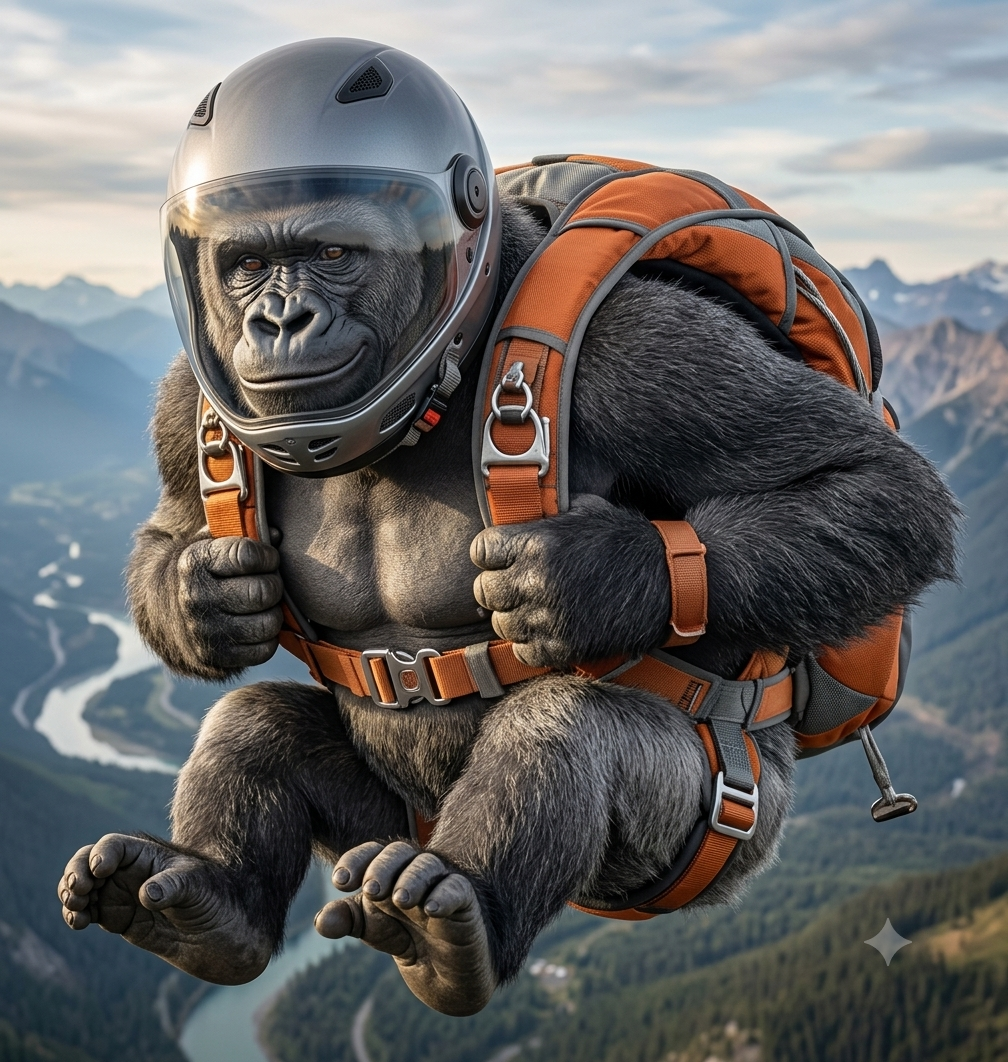 HornyGorilla — gorila paracaidista en caída libre